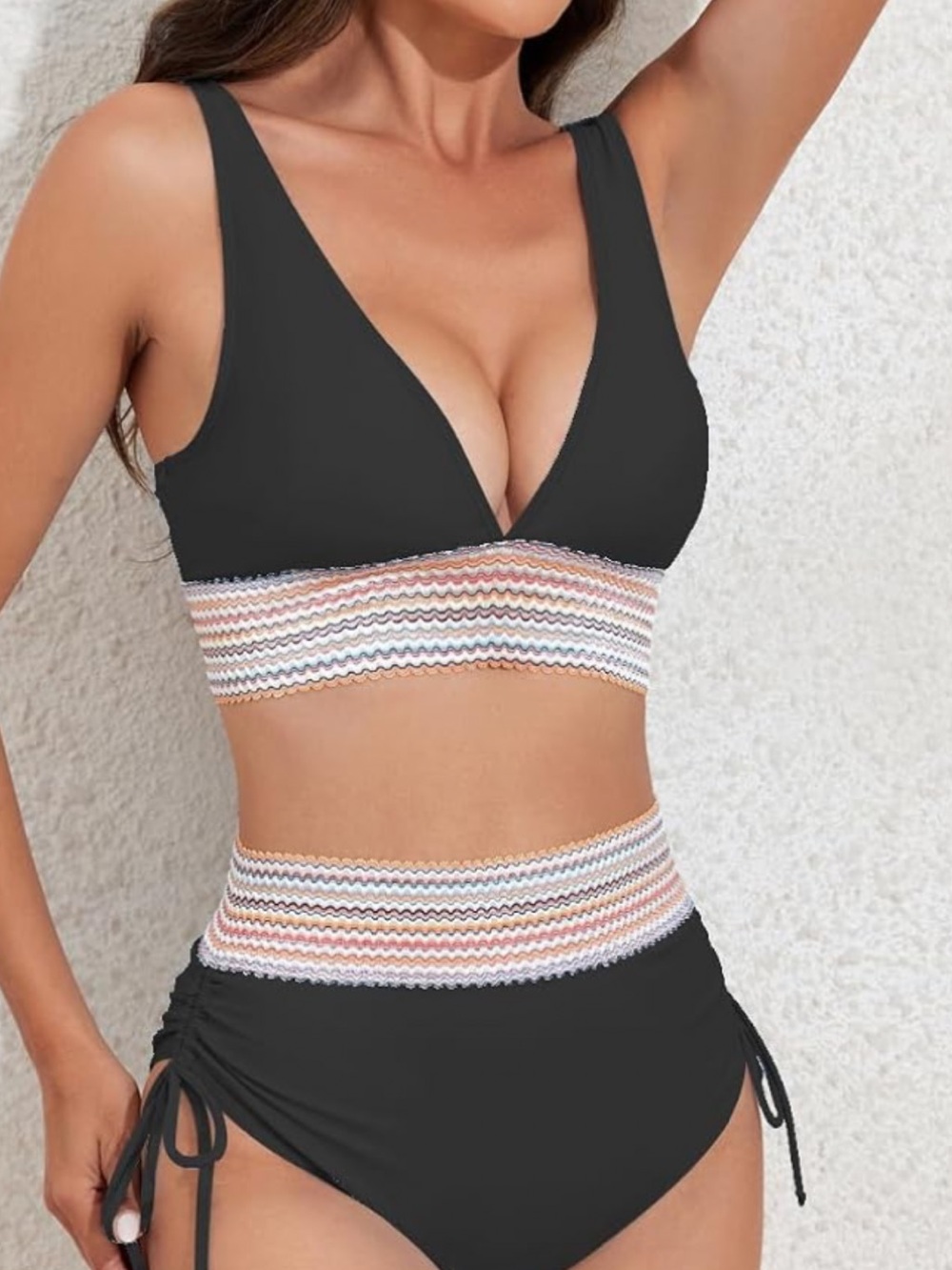 Tic tock viral Black High-Waist Two-Piece Swim Set with Striped Band from Amazon